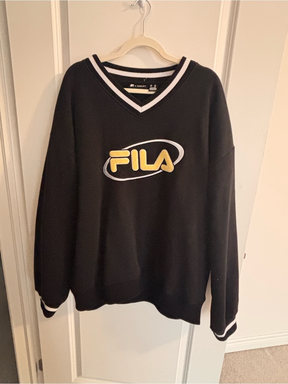 FILAxHailey Bieber V-Neck Logo Sweater with Yellow Accent
